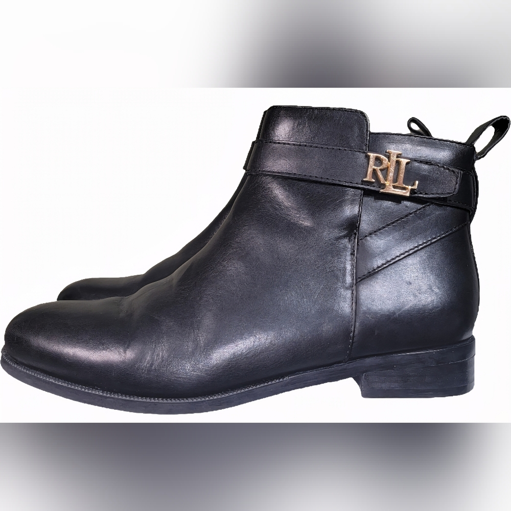 Ralph Lauren Black Leather Chukka Boots with Gold RL Accent Size 8